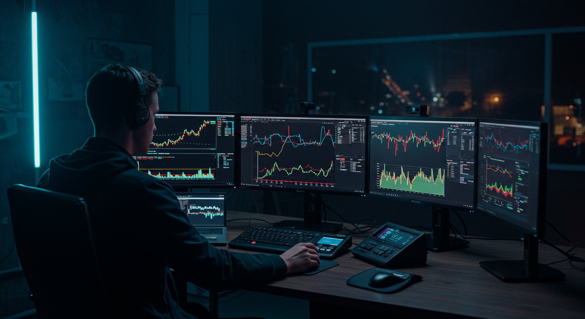 International crypto trader executing Bitcoin sell strategy with multiple screens and hardware wallet