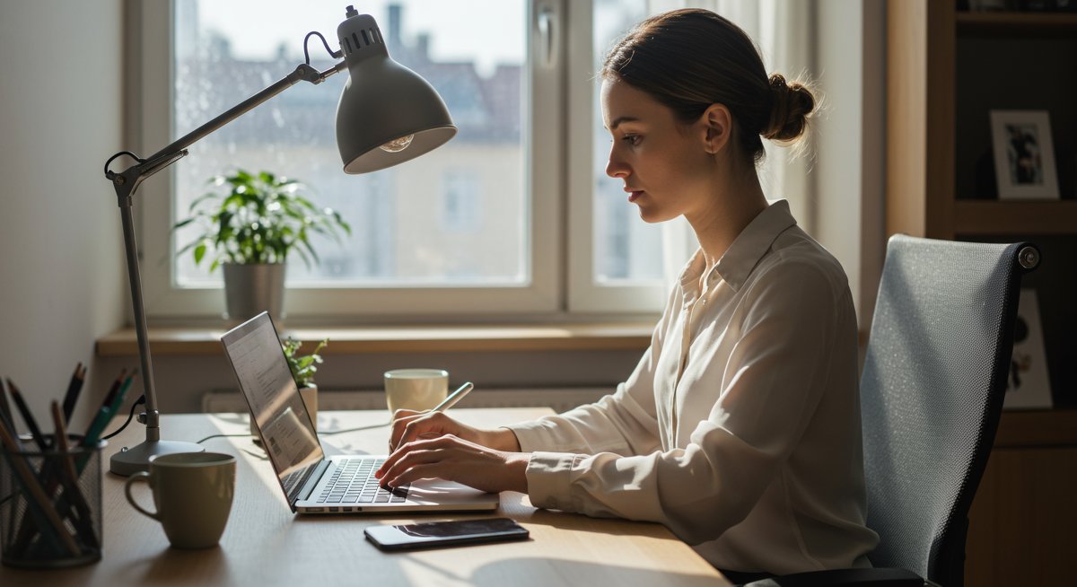 Professional illustration of a woman enhancing focus in a modern workspace with Pomodoro timer, ergonomic setup, and natural lighting