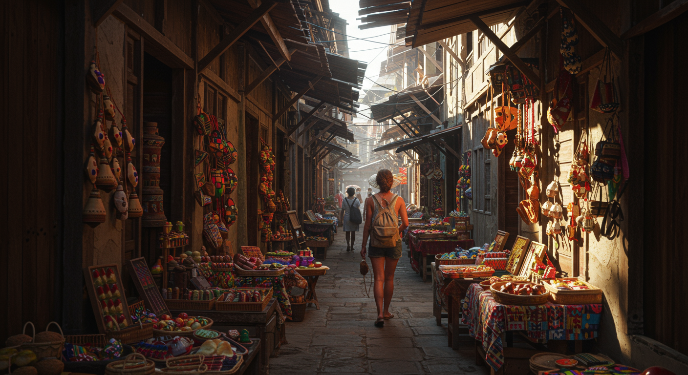 Digital nomad woman exploring a bustling local market, experiencing cultural immersion and embracing visa-free travel.