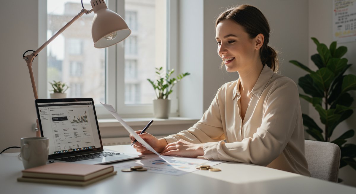 Experienced woman reviewing her budget on a laptop, illustrating money-saving strategies for 2025.