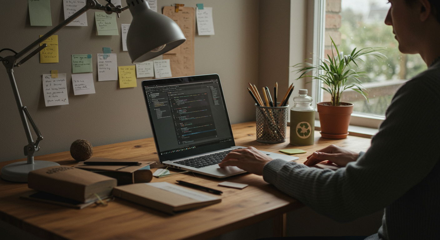 Sustainable home office setup with a person working at a wooden desk, using recycled stationery and a reusable water bottle, with an indoor plant and natural lighting, and a bicycle helmet and gloves, promoting eco-friendly commuting.