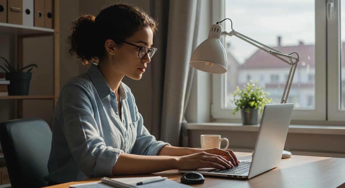 Determined woman in modern home office with Pomodoro timer, laptop, and organized workspace showing focus and productivity