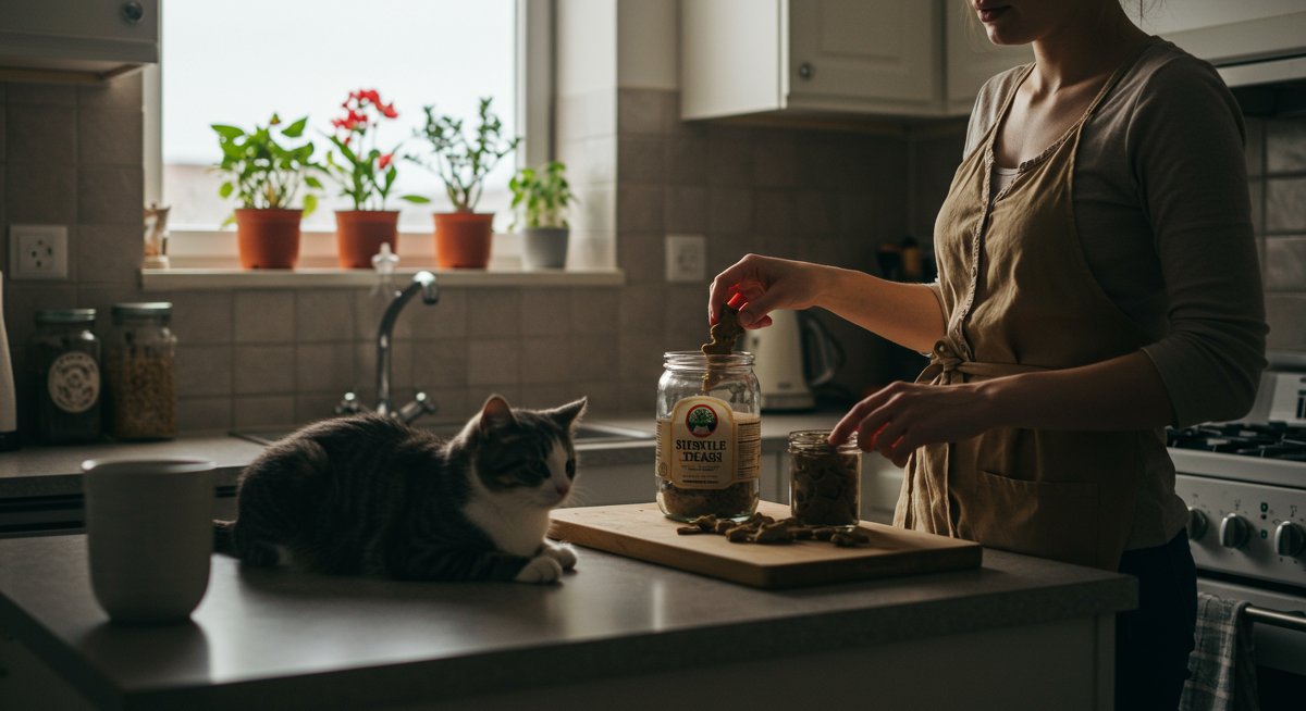 New pet owners making homemade cat treats with fresh ingredients in a tidy kitchen, showcasing healthy and appealing pet food preparation