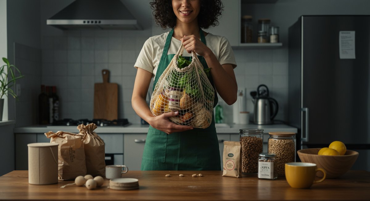Eco-friendly products in reusable bags at zero-waste grocery store