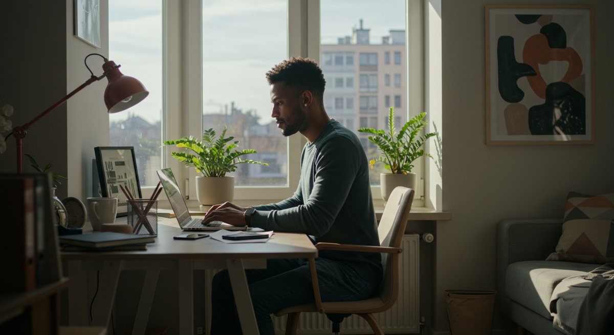 Professional email management in modern workspace with Pomodoro timer and organized digital files