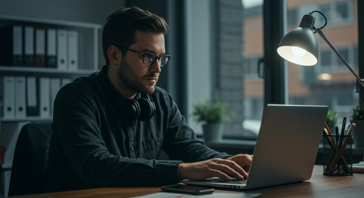 Crypto trader examining swap fee data on laptop in professional workspace