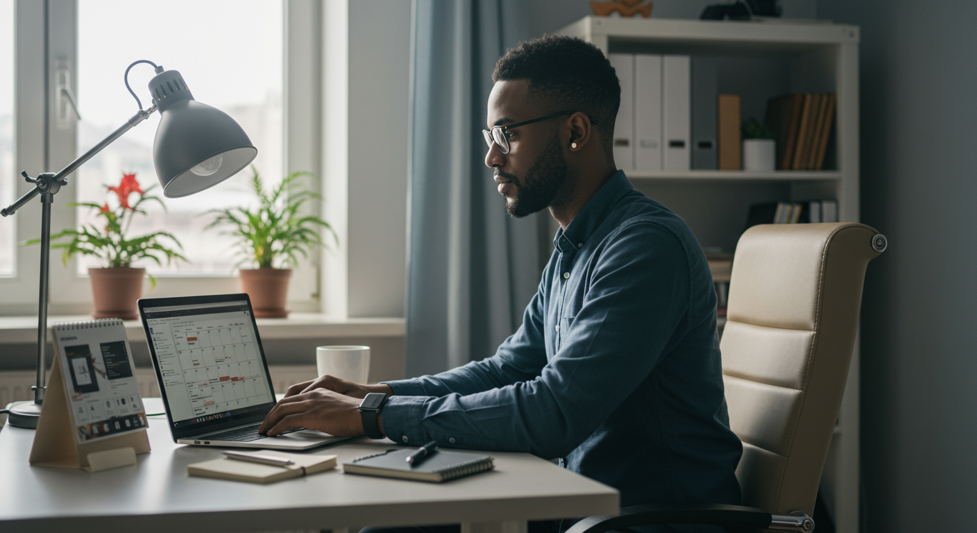 Professional using time-blocking on a laptop in a modern home office, focused on deep work.