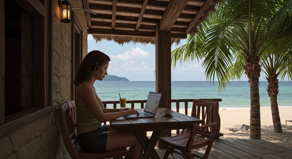 Digital nomad woman working efficiently from a beachside cafe with essential tech gadgets