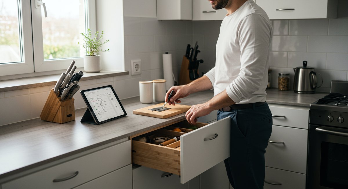 Minimalist kitchen organization with magnetic knife rack, drawer dividers, and digital inventory system