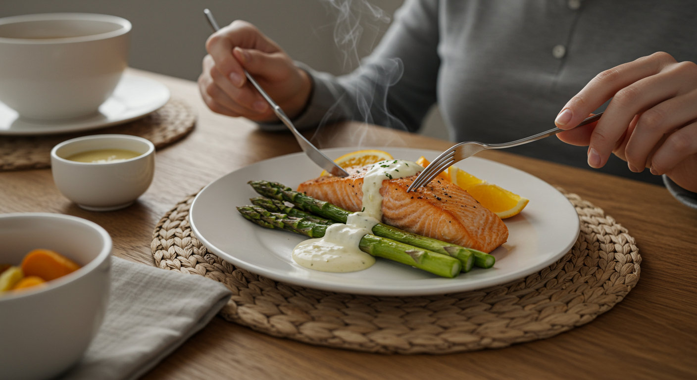 A beautifully plated keto dinner featuring pan-seared salmon with asparagus, served on a rustic wooden table, showcasing a delicious and healthy meal.