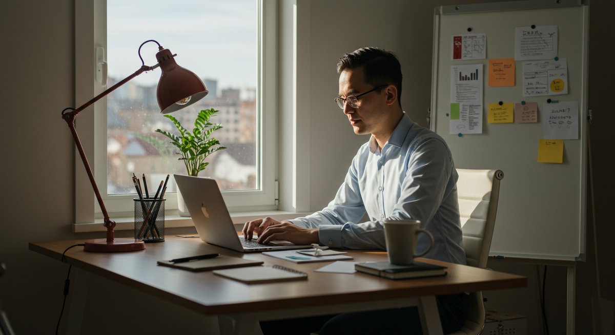 Professional mid-career individual working on personal branding strategy in a modern workspace with minimalist design and natural lighting