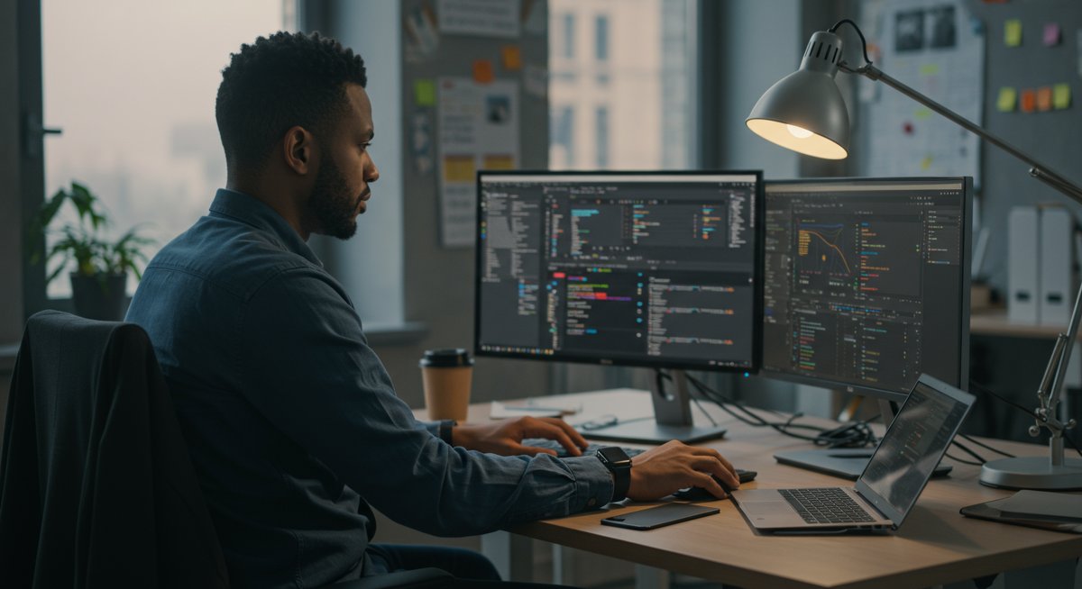 Remote work productivity expert demonstrating advanced focus techniques in a professional co-working environment