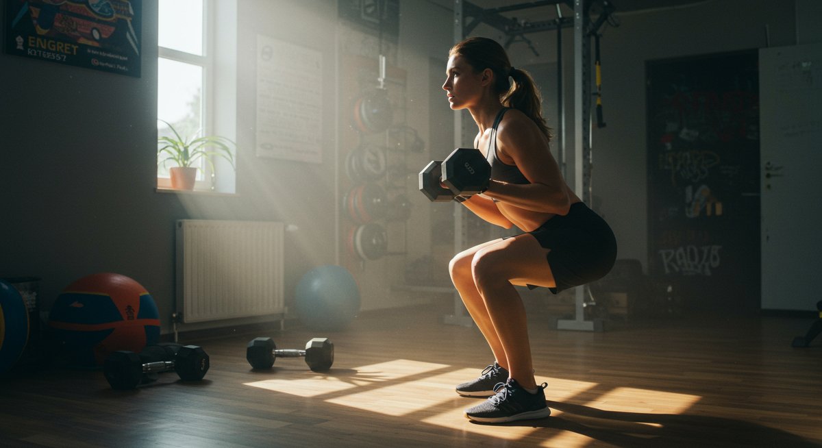 Person doing squats with dumbbells in home gym with natural lighting