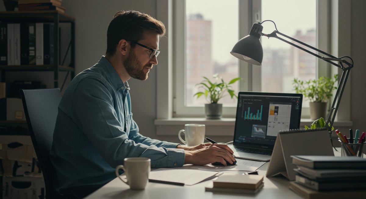 Professional man in modern home office using Pomodoro timer for energy management with organized workspace and time-blocking calendar