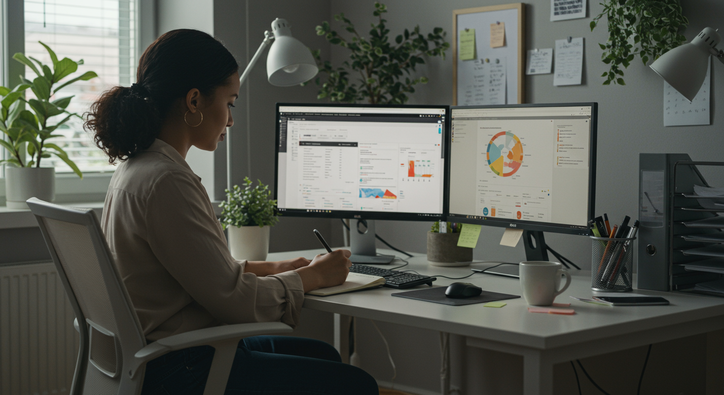 Experienced budgeter managing credit card debt in a home office, focusing on debt payoff strategies and financial organization.