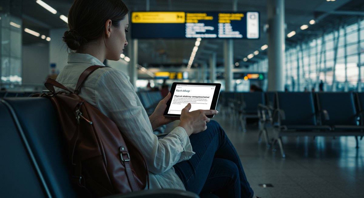 Experienced traveler researching flight delay compensation in airport lounge with modern tablet