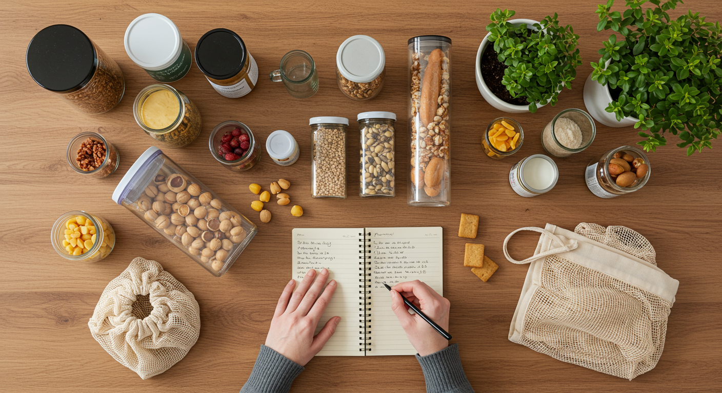 Overhead shot of a zero-waste kitchen setup, highlighting bulk food containers, reusable produce bags, and a person meal planning for zero waste.