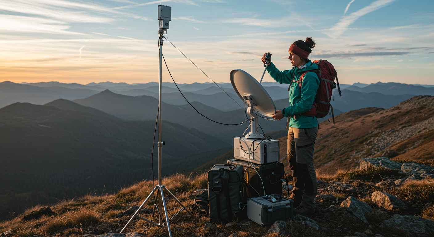 Experienced female digital nomad setting up satellite internet in a remote mountain location, showcasing reliable connectivity for remote work.