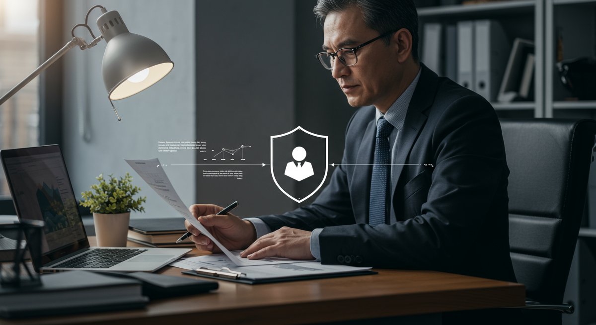 European P2P investor analyzing regulatory documents with security symbol in professional workspace