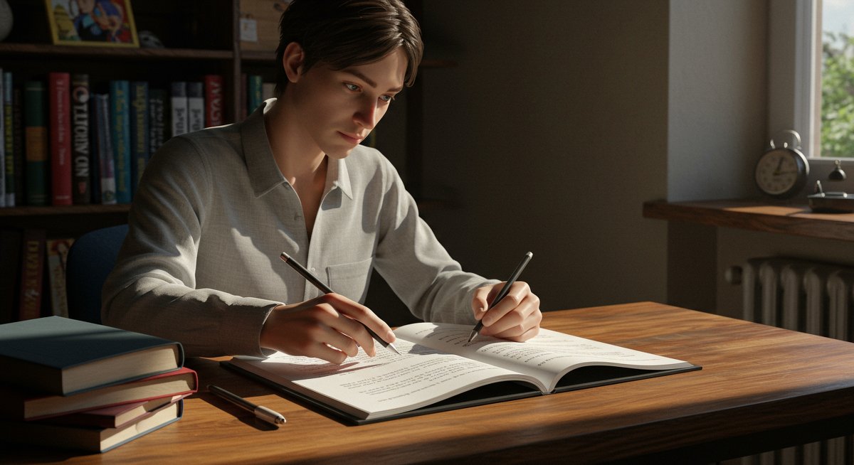 Adult learner using spaced repetition flashcards for memory improvement in a professional office setting