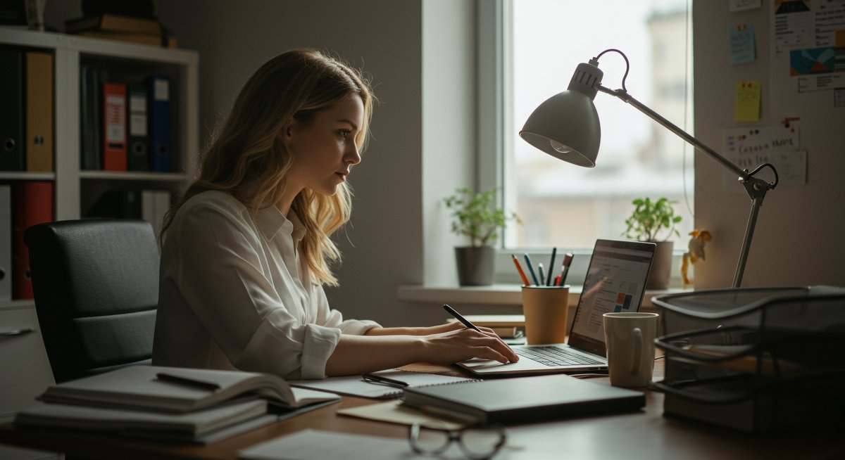 Adult woman studying with focus techniques for ADHD in professional workspace