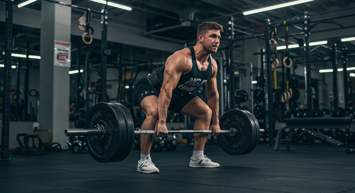 Person doing deadlifts in gym with dramatic lighting