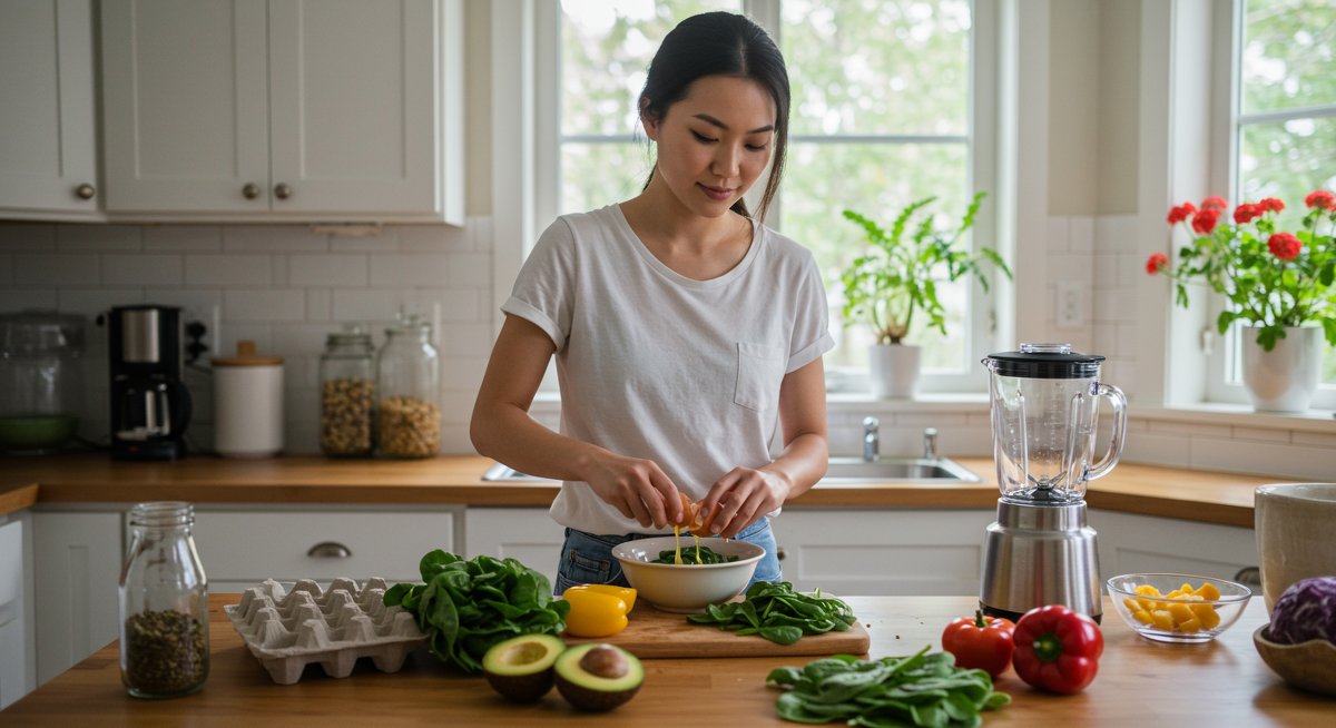 Professional food photography of a high-protein breakfast preparation with fresh ingredients and modern kitchen elements