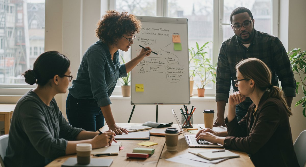 Diverse group of adults collaborating on a project in a modern co-working space, illustrating lifelong learning and skill development.