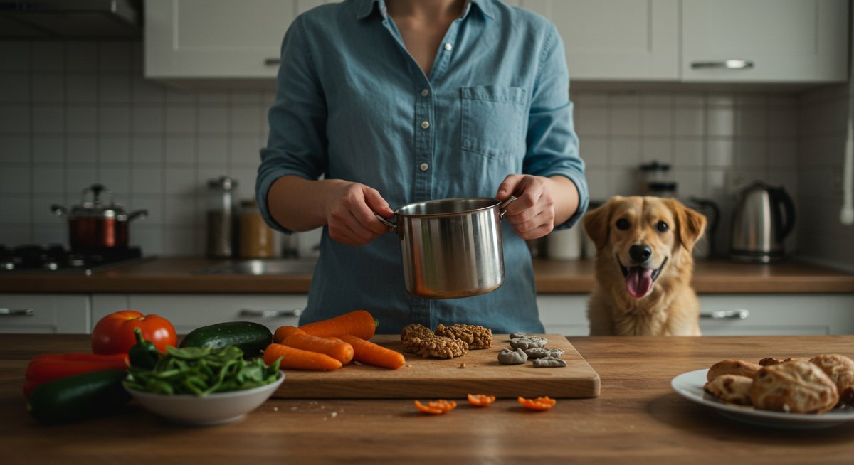 Homemade dog food preparation for allergies with fresh ingredients and a healthy dog