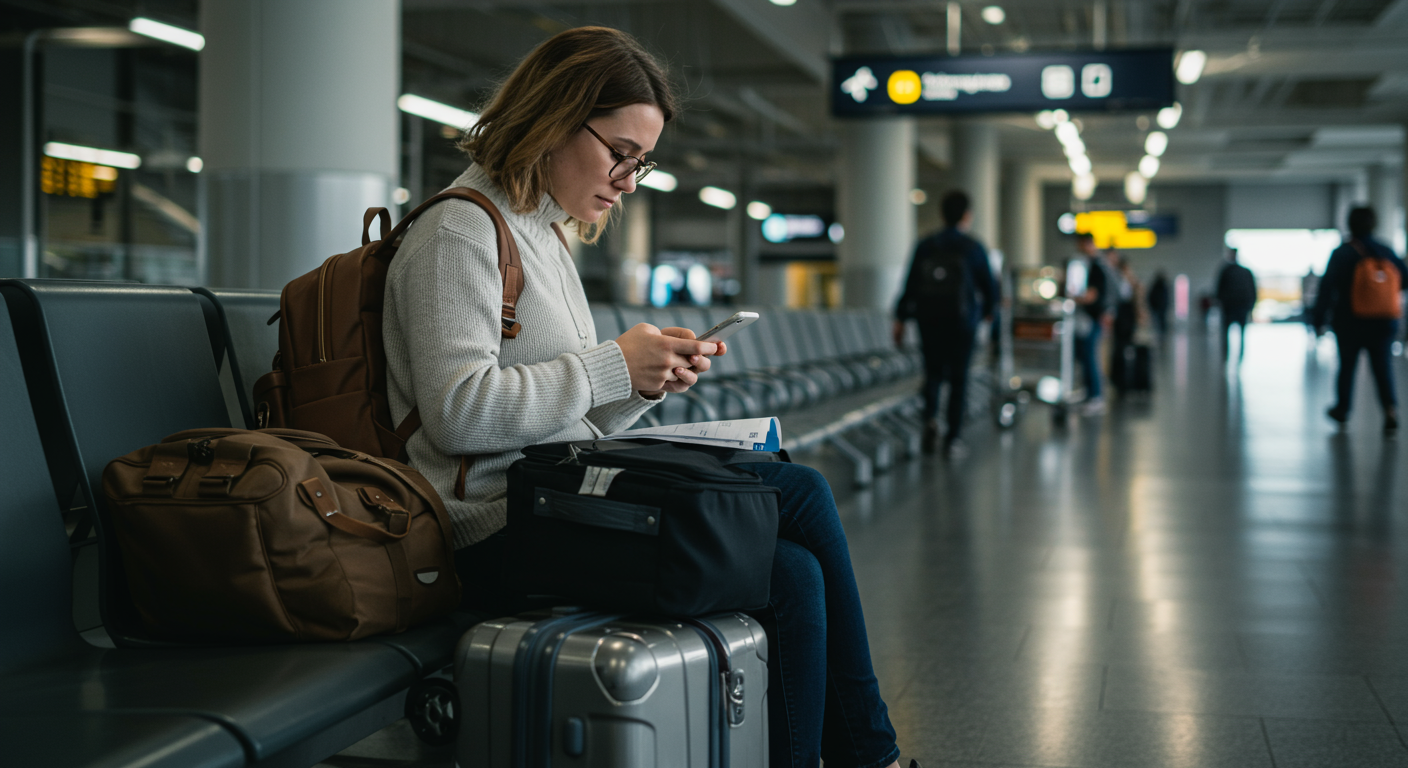 budget traveler checking baggage allowance on phone at airport gate, avoiding airline fees.