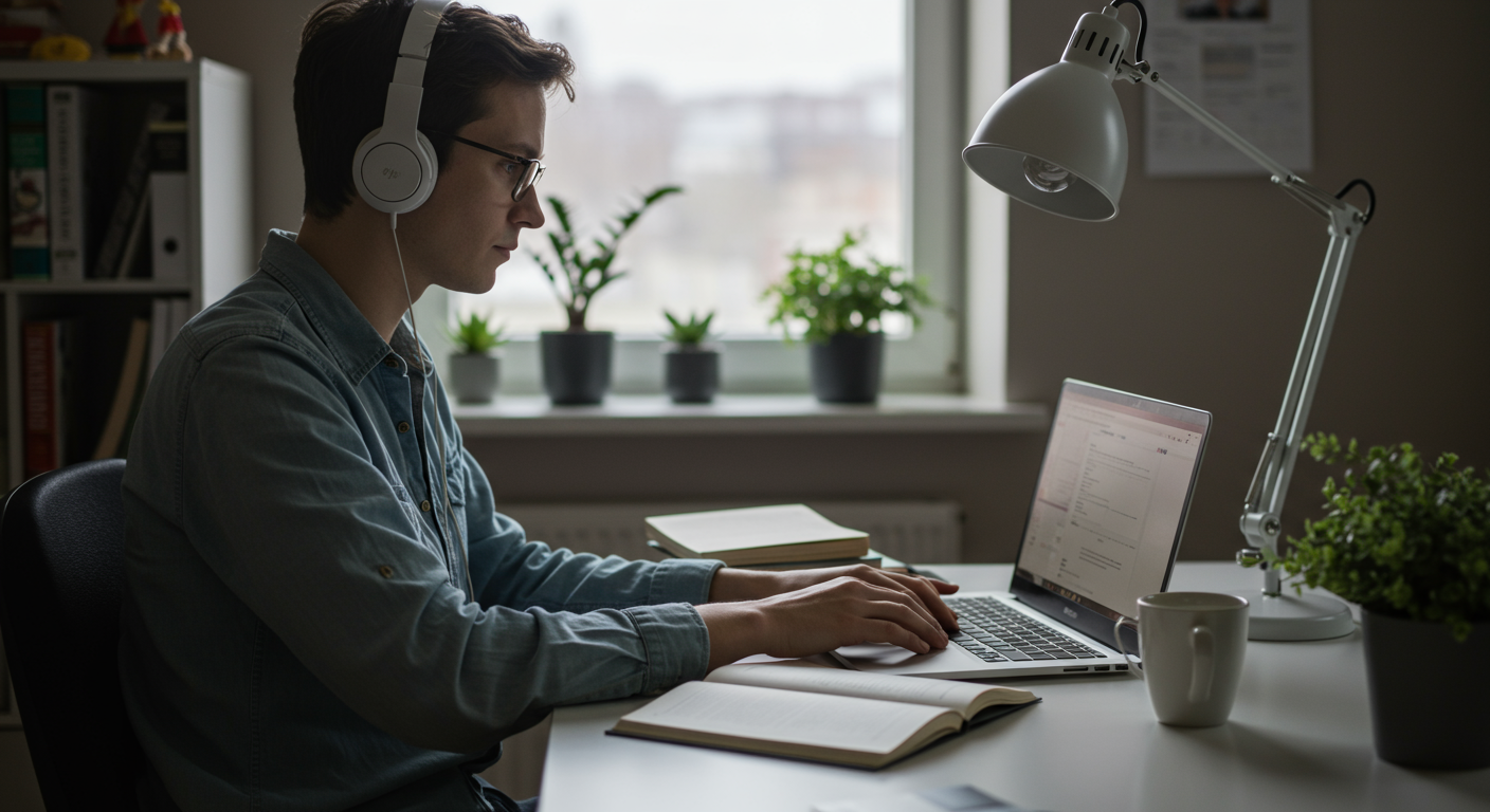 Adult learner engaged in an online course, demonstrating focus and determination for online course success.