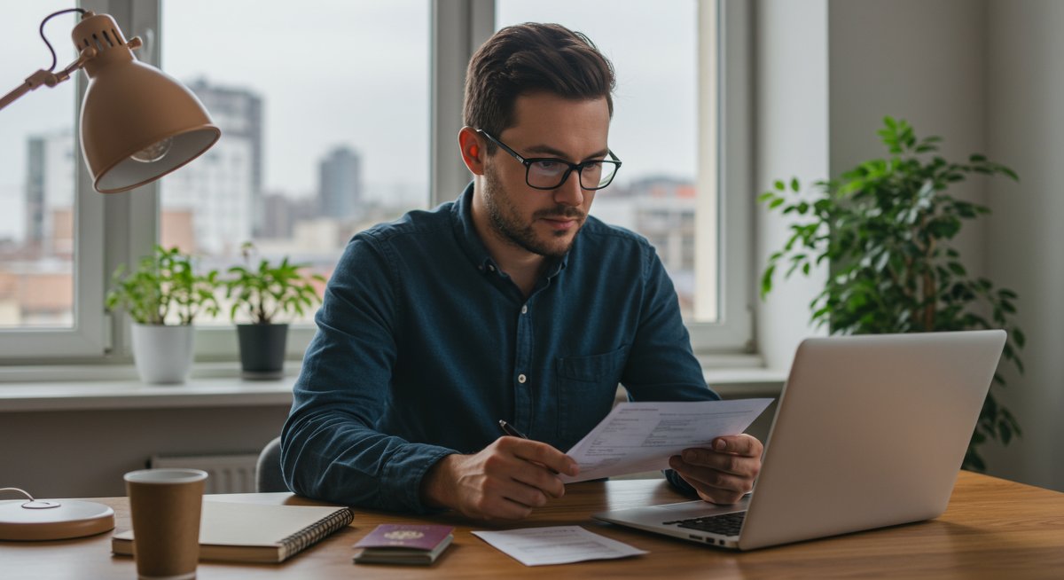 Experienced digital nomad evaluating travel insurance options in a professional workspace