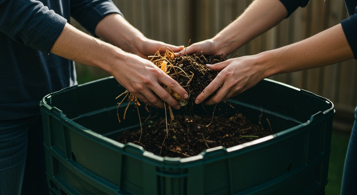 Beginner composting at home with kitchen scraps and garden waste in a backyard compost bin