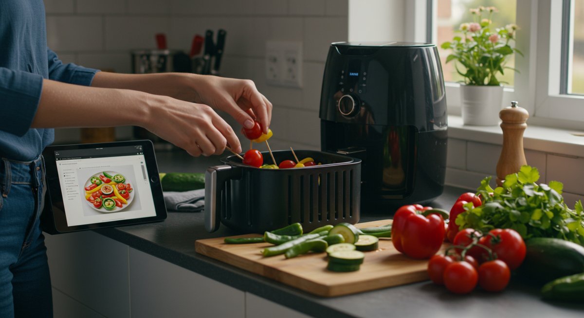 Beginner-friendly air fryer recipe preparation with fresh vegetables and herbs in a modern kitchen