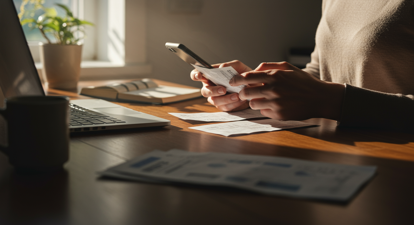 A person at a kitchen counter reviewing bills and using a budgeting app on their phone. Minimalist finances in action, promoting financial freedom and mindful spending for beginners.