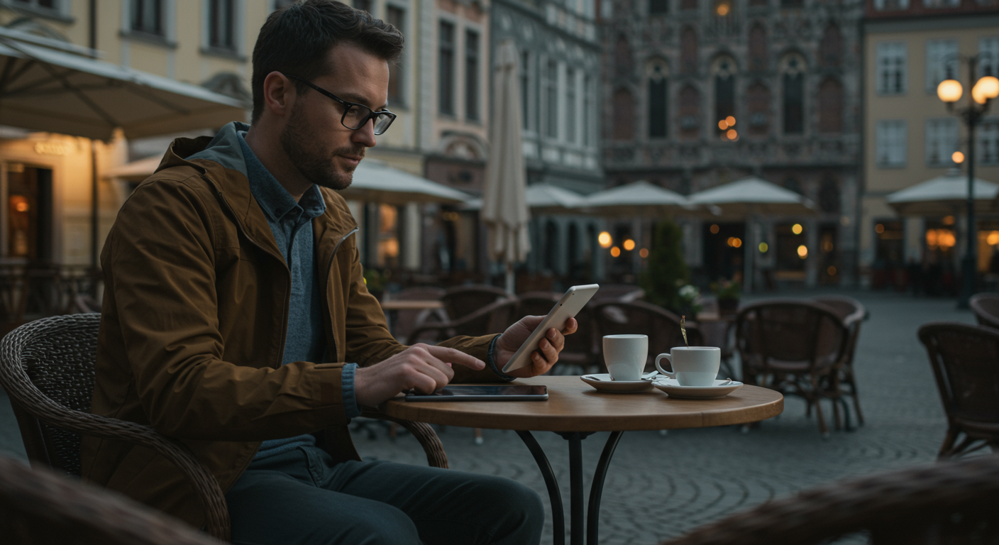 A traveler in a European city consults their phone and tablet in a hotel bar, planning their next steps. The scene conveys a sense of calm and control, providing helpful advice.
