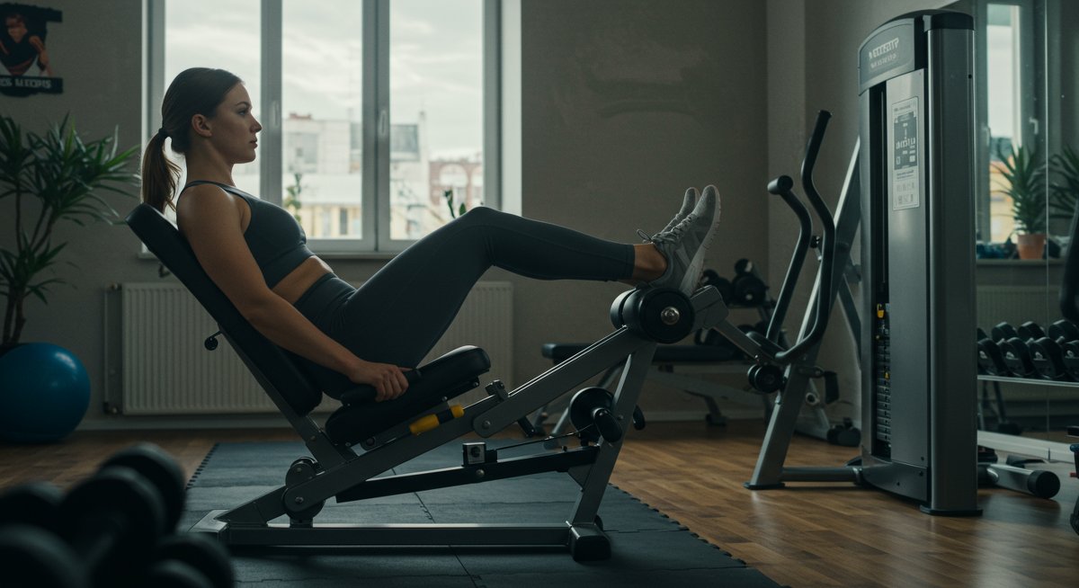 Individual using space-saving leg extension machine in home gym with natural lighting