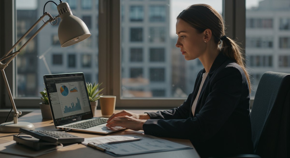 German P2P lending professional analyzing financial data and regulations in a modern workspace