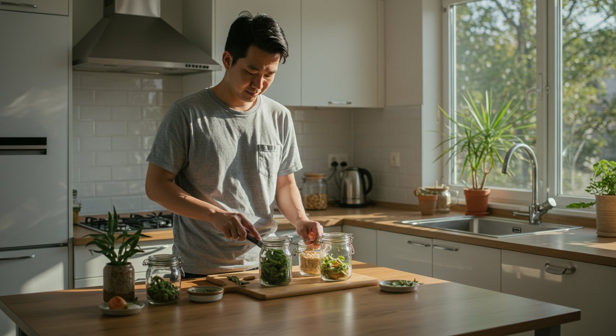 Sustainable vegan home interior showcasing eco-friendly materials and cruelty-free products in modern minimalist kitchen design