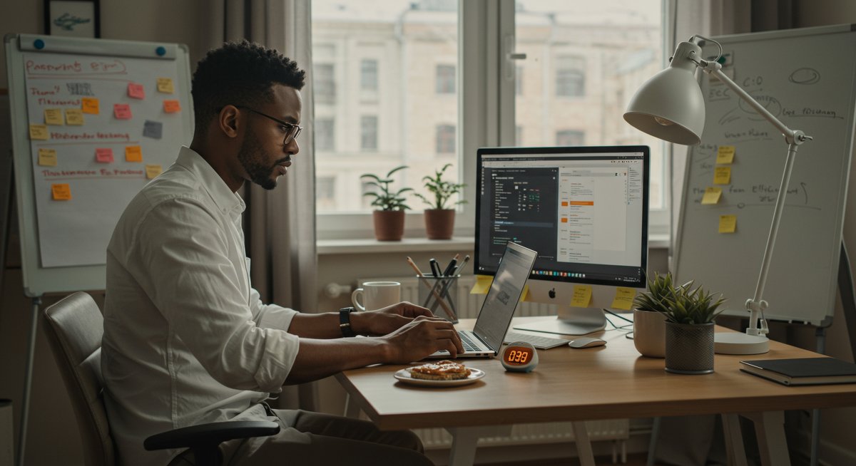 Professional energy management illustration showing a man using Pomodoro technique in modern workspace with healthy snacks and plant