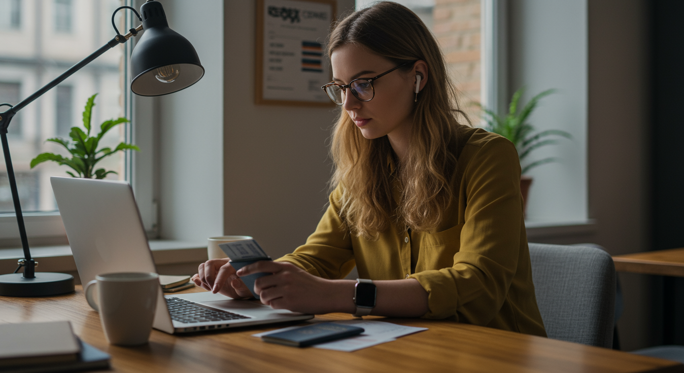 Female digital nomad researching visa requirements on a laptop in a co-working space, preparing for global freedom. Emphasizing legal aspects and travel documents.
