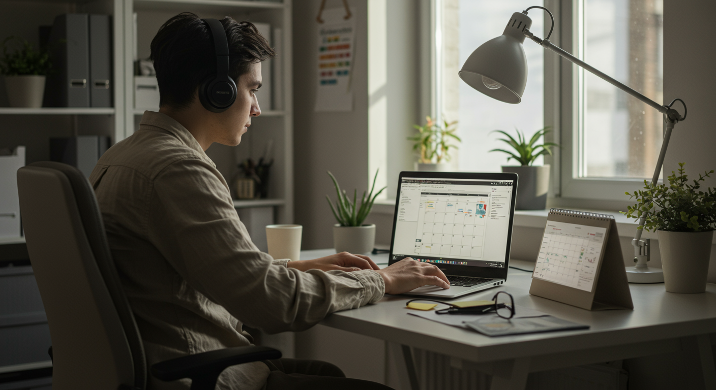 A professional working in a modern home office, demonstrating deep work focus and concentration. The image includes a laptop, ergonomic setup, and a digital calendar for time blocking, all under natural lighting.