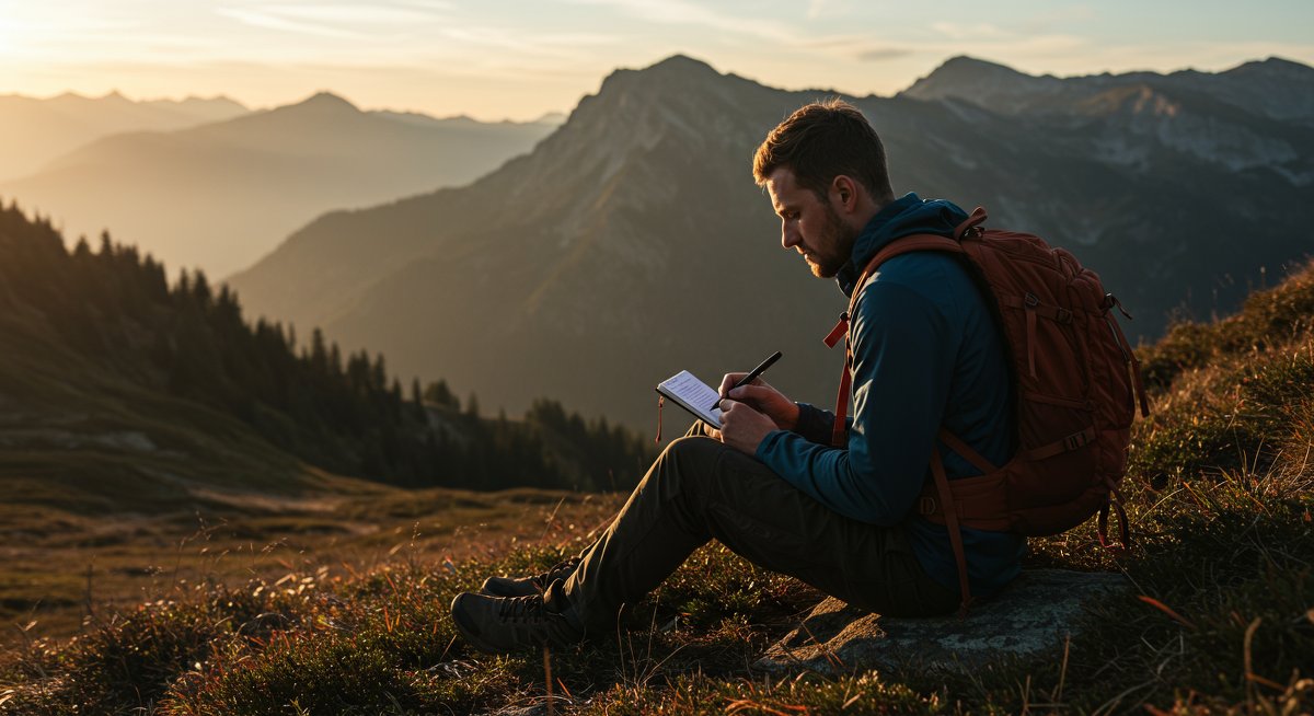 Professional illustration of a seasoned male digital nomad journaling mental resilience techniques in a mountain setting