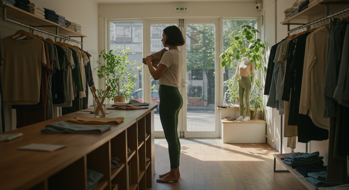 Ethical fashion for beginners: Diverse person trying on sustainable clothing items in a eco-friendly store with reusable accessories