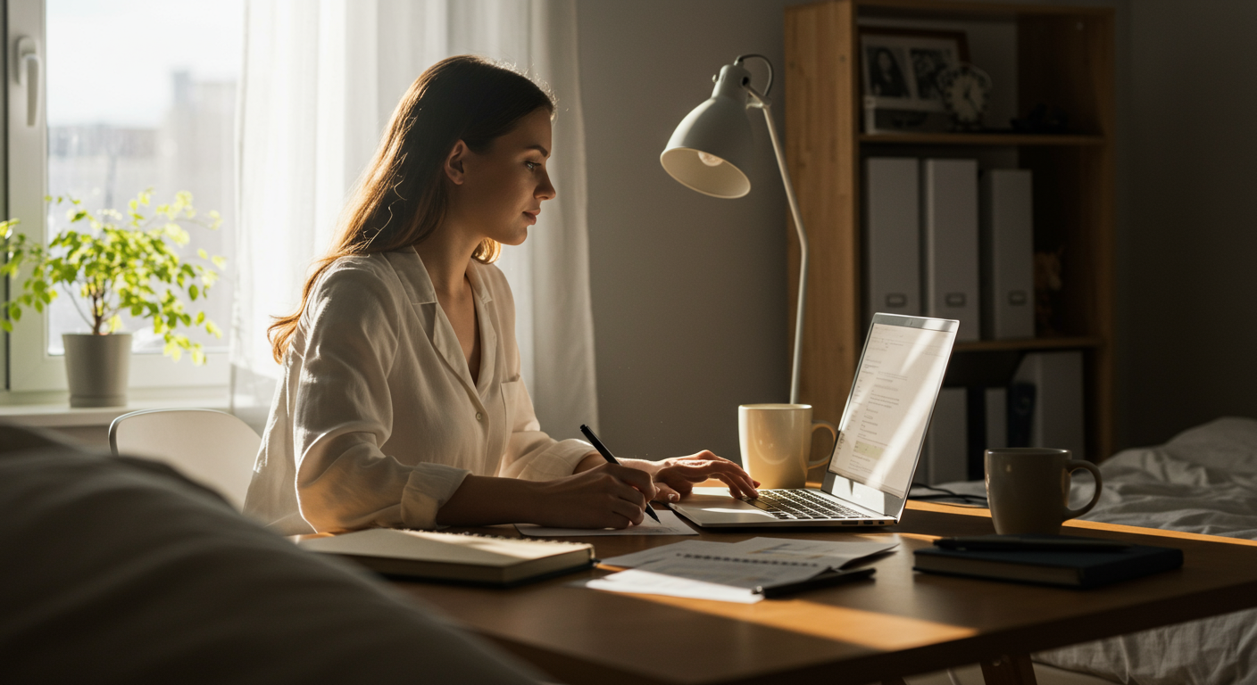 A person reviewing investment documents on a laptop in a bright, minimalist bedroom, representing successful money management and investment planning.