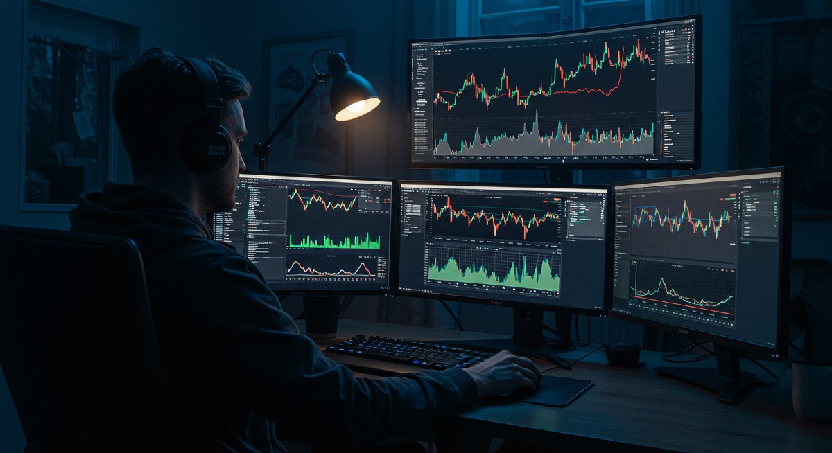 Crypto trader studying Cardano charts in neon-lit workspace with dual monitors showing Pump.fun data