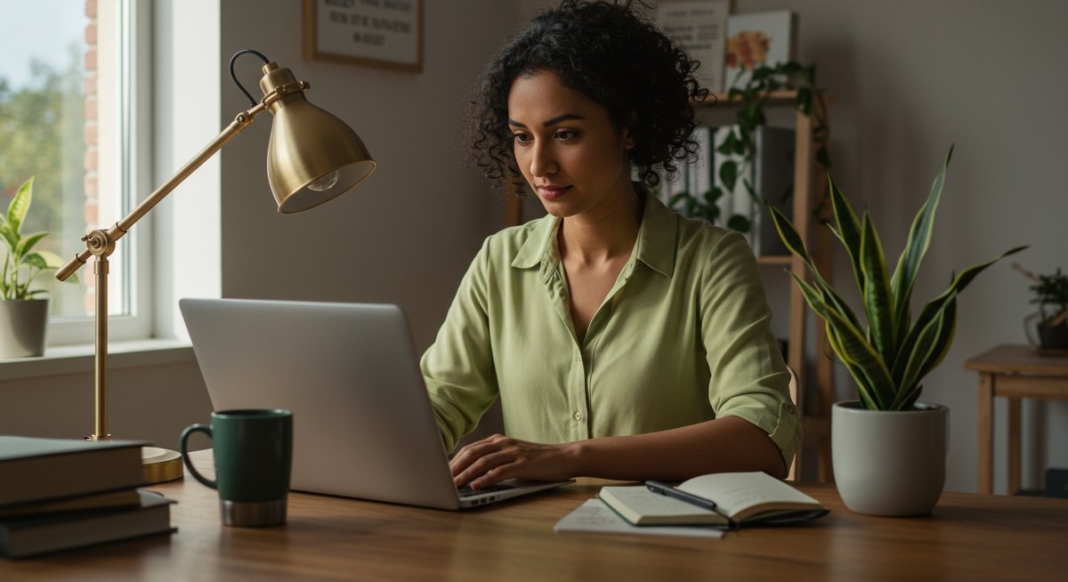 Mid-career professional working on a laptop with eco-friendly side hustle materials in a minimalist home office setting