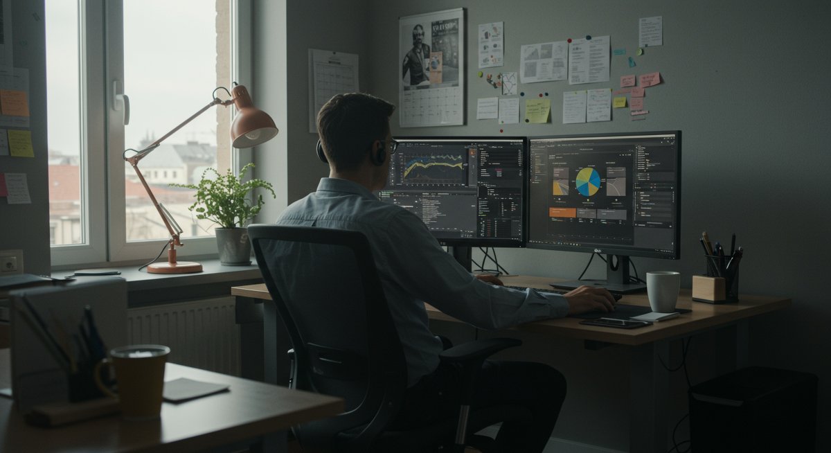 Remote work productivity - professional man in organized home office using project management tools for peak productivity