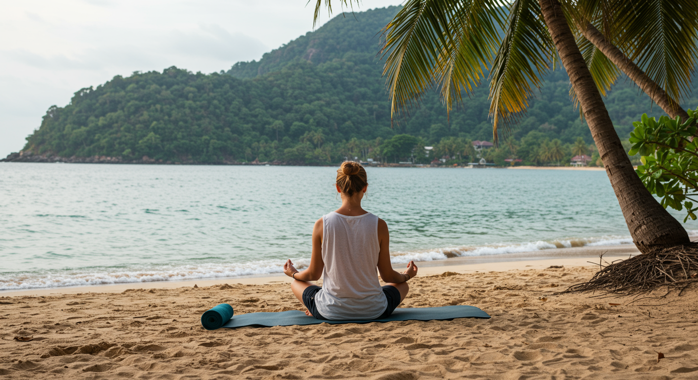 Experienced digital nomad practicing mindfulness on a beach, emphasizing mental wellness and work-life balance