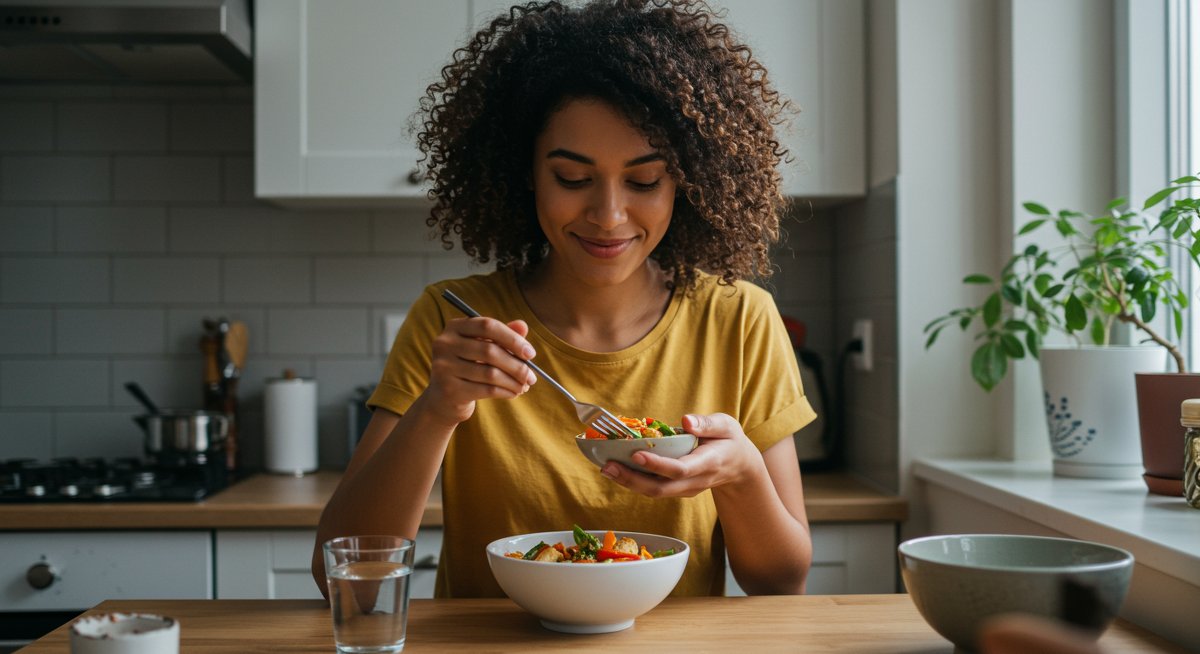 Quick vegan dinner recipe with fresh vegetables and tofu, showcasing a diverse woman enjoying a healthy meal in a bright kitchen